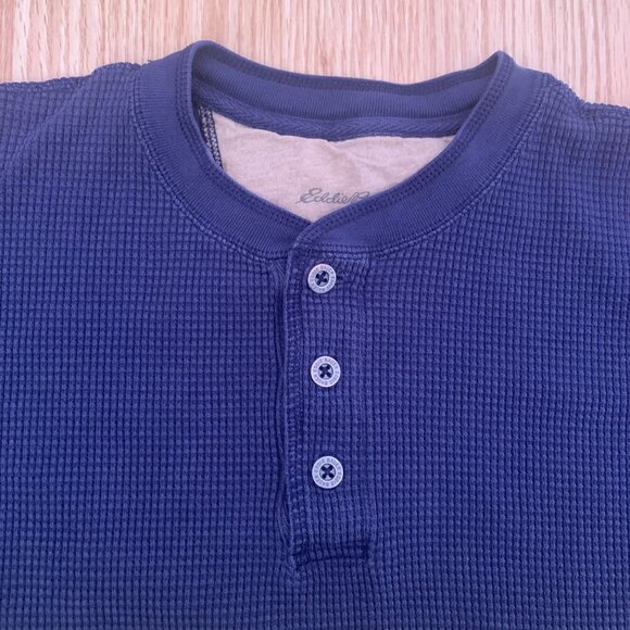 Eddie Bauer Thermal Henley Mens XL Blue Waffle Knit Three Button Placket Cotton - Picture 5 of 9